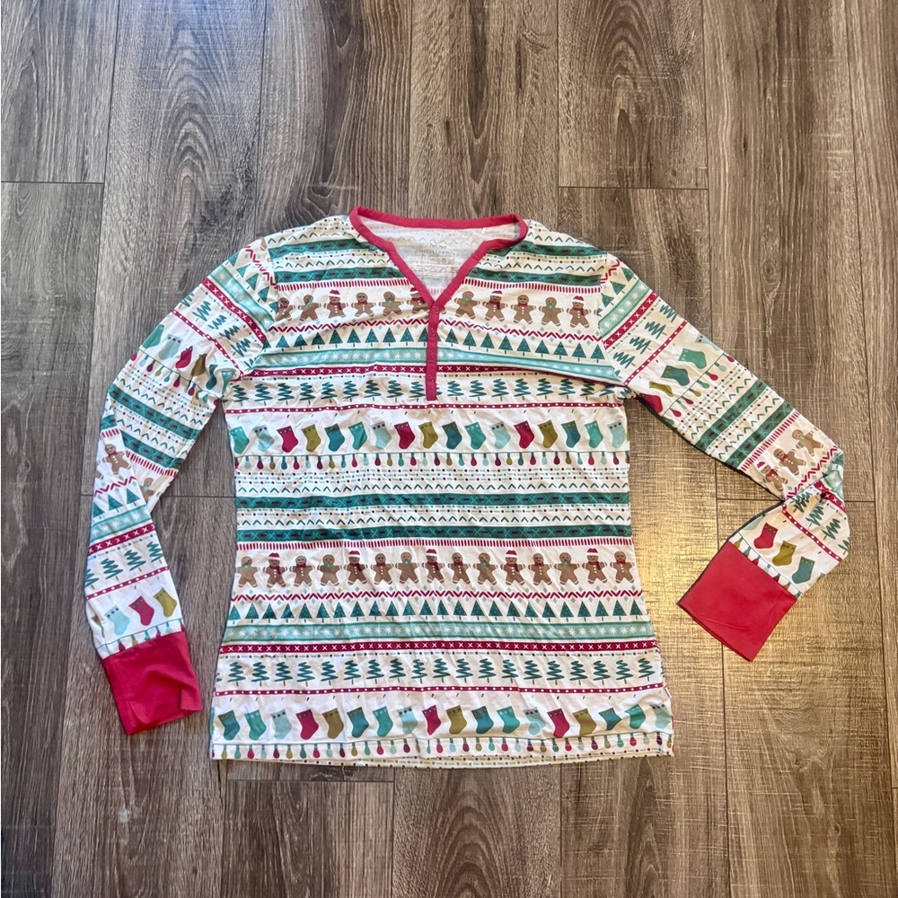 Little Sleepies Gingerbread Holiday Top with Red Trim